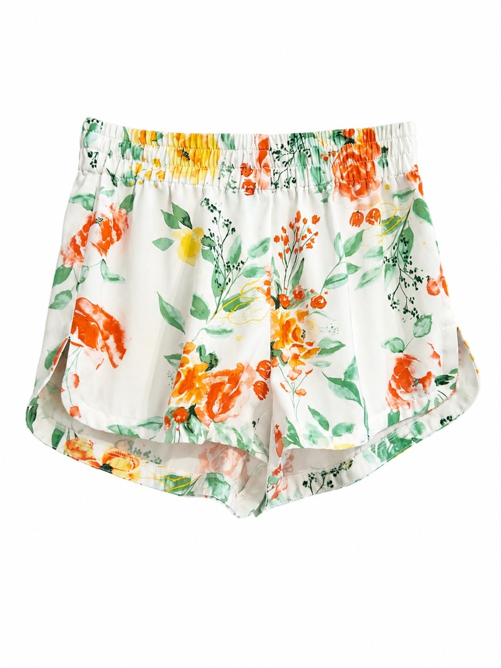 Women’s Floral Elastic Waist Shorts XS White Orange Yellow Summer Lounge Boho BP